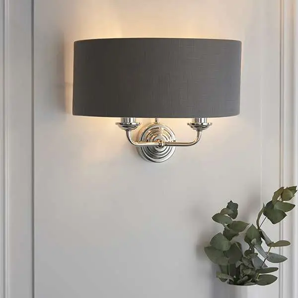 Highclere Double Wall Light in Bright Nickel C/W Charcoal Shade