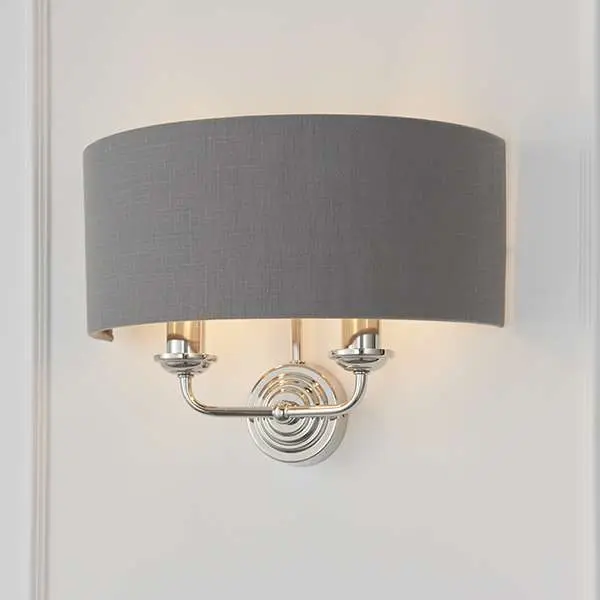 Highclere Double Wall Light in Bright Nickel C/W Charcoal Shade
