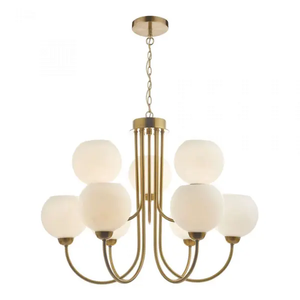 Indra 9 Light Pendant Natural Brass With Opal Glass