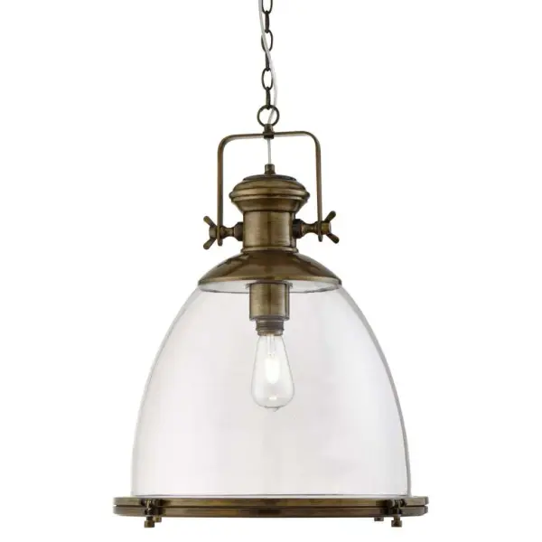 Industrial Pendant Large 1 Light , Painted Antique Brass, Clear Glass