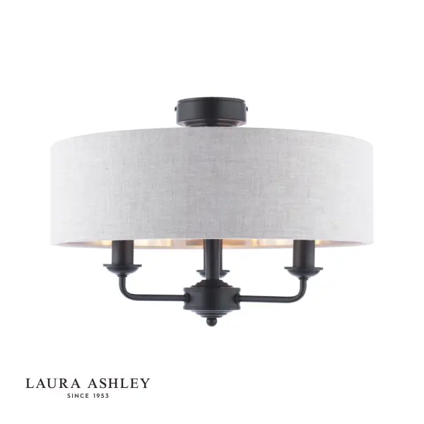 Sorrento Matt Black Semi Flush Light C/W Natural Shade