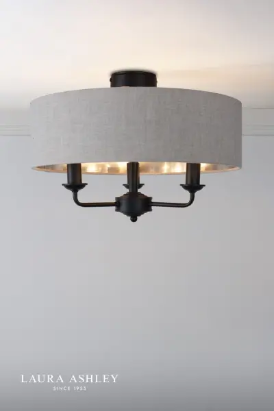 Sorrento Matt Black Semi Flush Light C/W Natural Shade