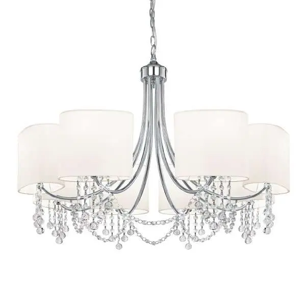 Nina 8 Light Chrome Chandelier - Clear Glass- Buttons & White Shades