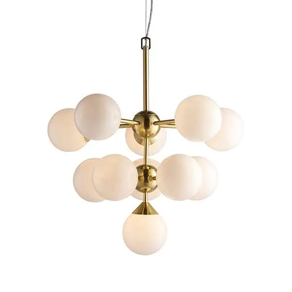 Oscar 11 Light Pendant in Brushed Brass with Gloss White Glass