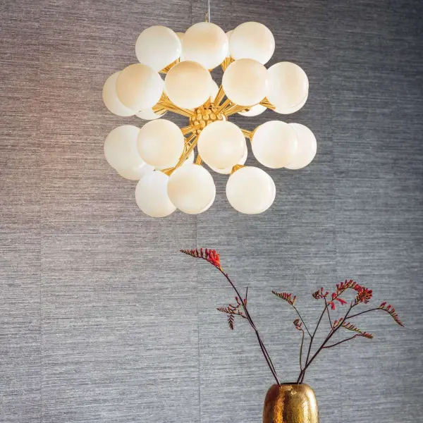 Oscar 28 Light Pendant in Brushed Brass with Gloss White Glass