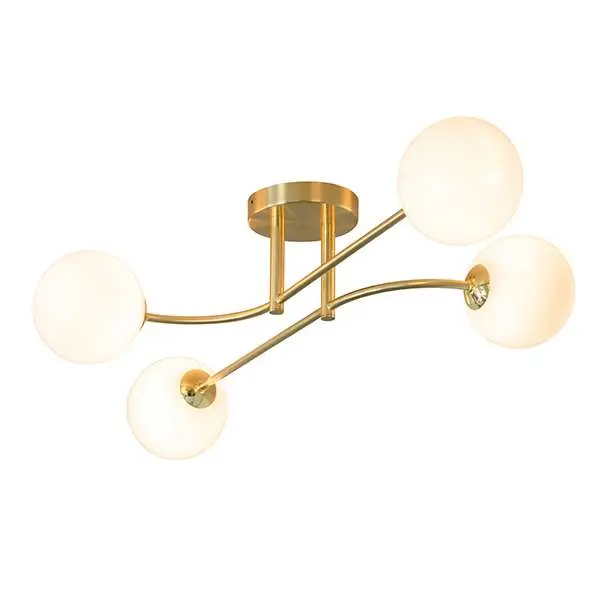 Oscar 4 Light Semi Flush in Brushed Brass with Gloss White Glass