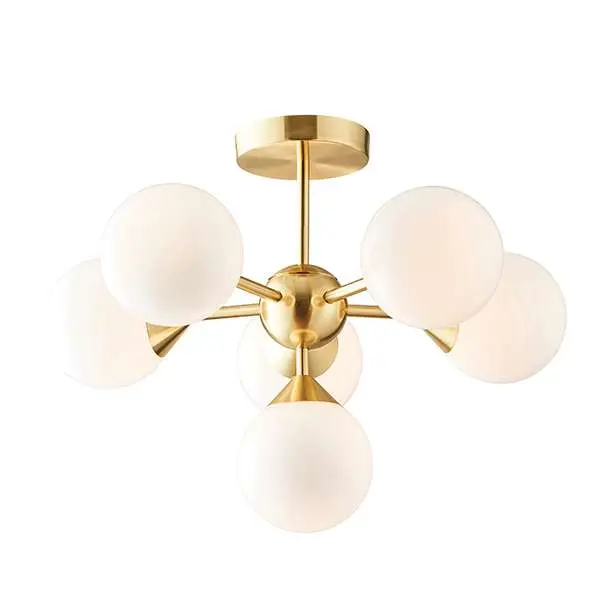 Oscar 6 Light Semi Flush in Brushed Brass with Gloss White Glass