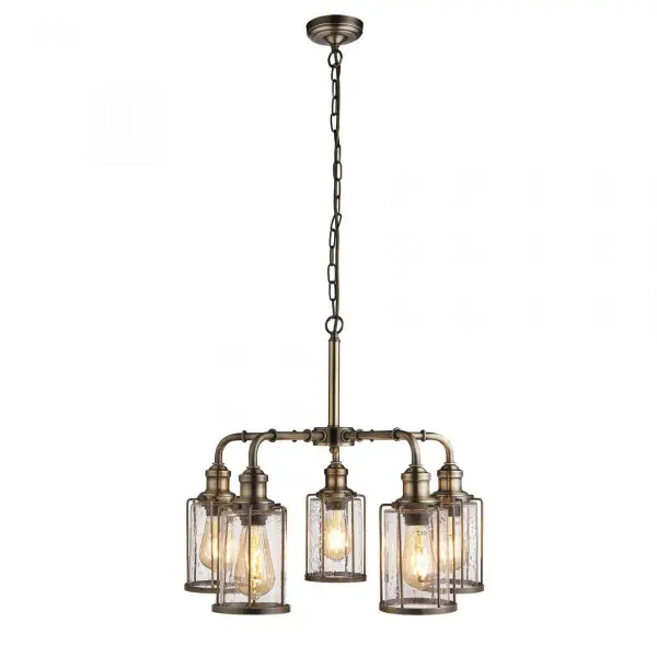 Searchlight 1265-5AB Pipes 5 Light Pendant Antique Brass With Seeded Glass