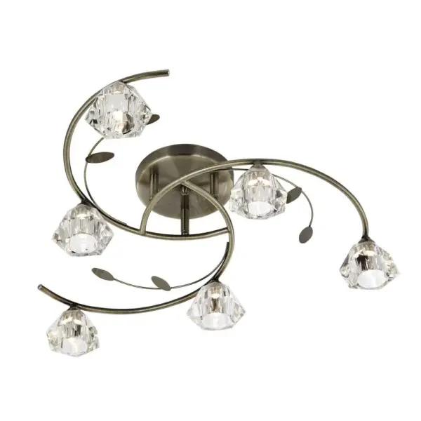 Sierra 6  Light Semi-Flush Ceiling, Antique Brass With Sculptured Clear Glass Shades