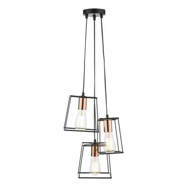 Tower 3 Light Cluster Pendant Black with Copper Detail
