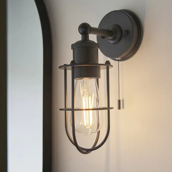 Industrial Style Wall Light Caged in Black