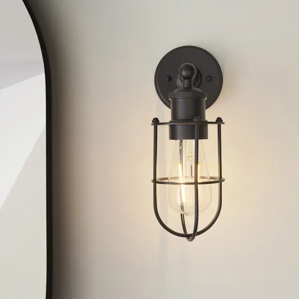 Industrial Style Wall Light Caged in Black