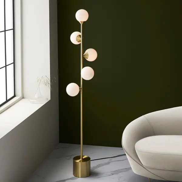 Eve Satin Brass Floor Lamp C/W Gloss White Shades
