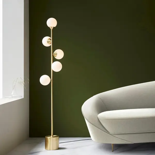 Eve Satin Brass Floor Lamp C/W Gloss White Shades