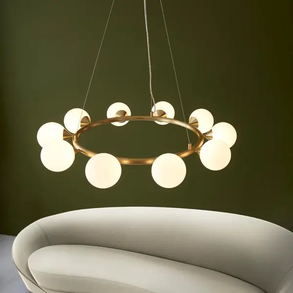 Eve 10 Light Satin Brass Pendant C/W Gloss White Shades