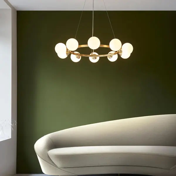 Eve 10 Light Satin Brass Pendant C/W Gloss White Shades