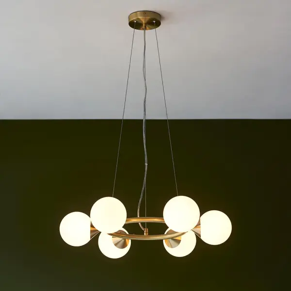 Eve 6 Light Satin Brass Pendant C/W Gloss White Shades