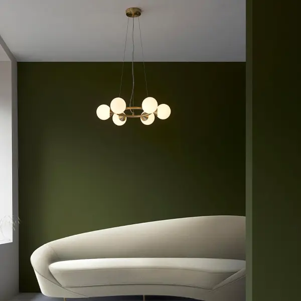 Eve 6 Light Satin Brass Pendant C/W Gloss White Shades