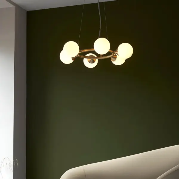 Eve 6 Light Satin Brass Pendant C/W Gloss White Shades