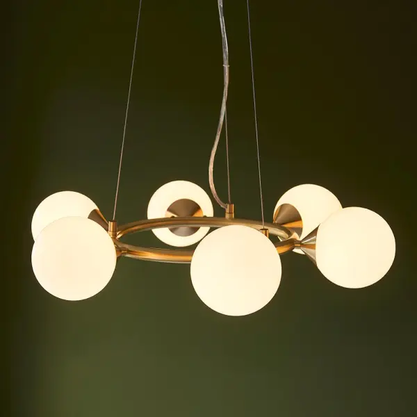 Eve 6 Light Satin Brass Pendant C/W Gloss White Shades