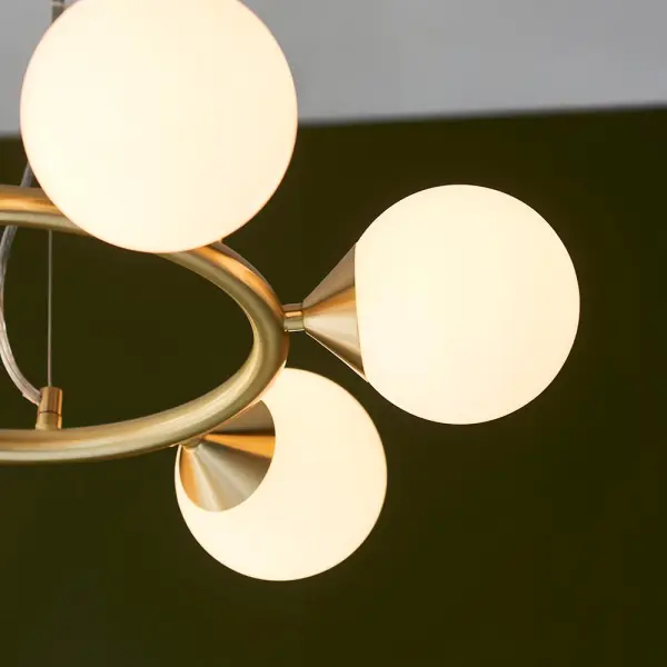 Eve 6 Light Satin Brass Pendant C/W Gloss White Shades