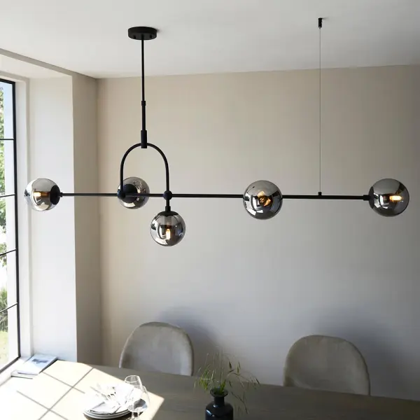 Erin 5 Light Black Linear Pendant Smoked Glass