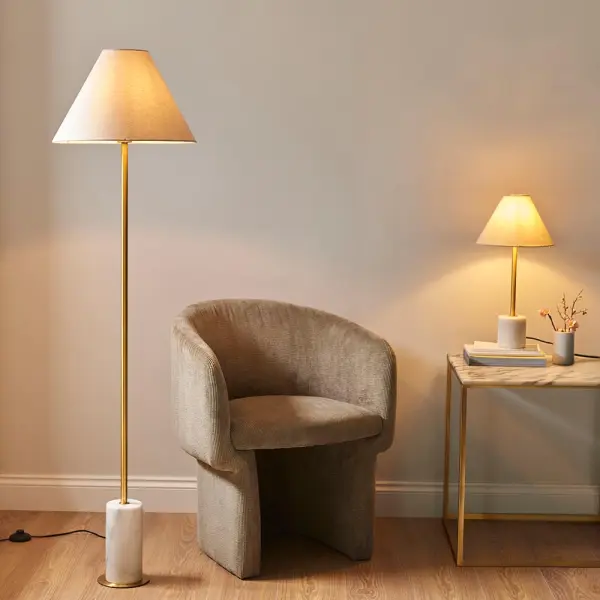 Ellie Aged Brass & Marble Floor Lamp C/W Fabric Shade