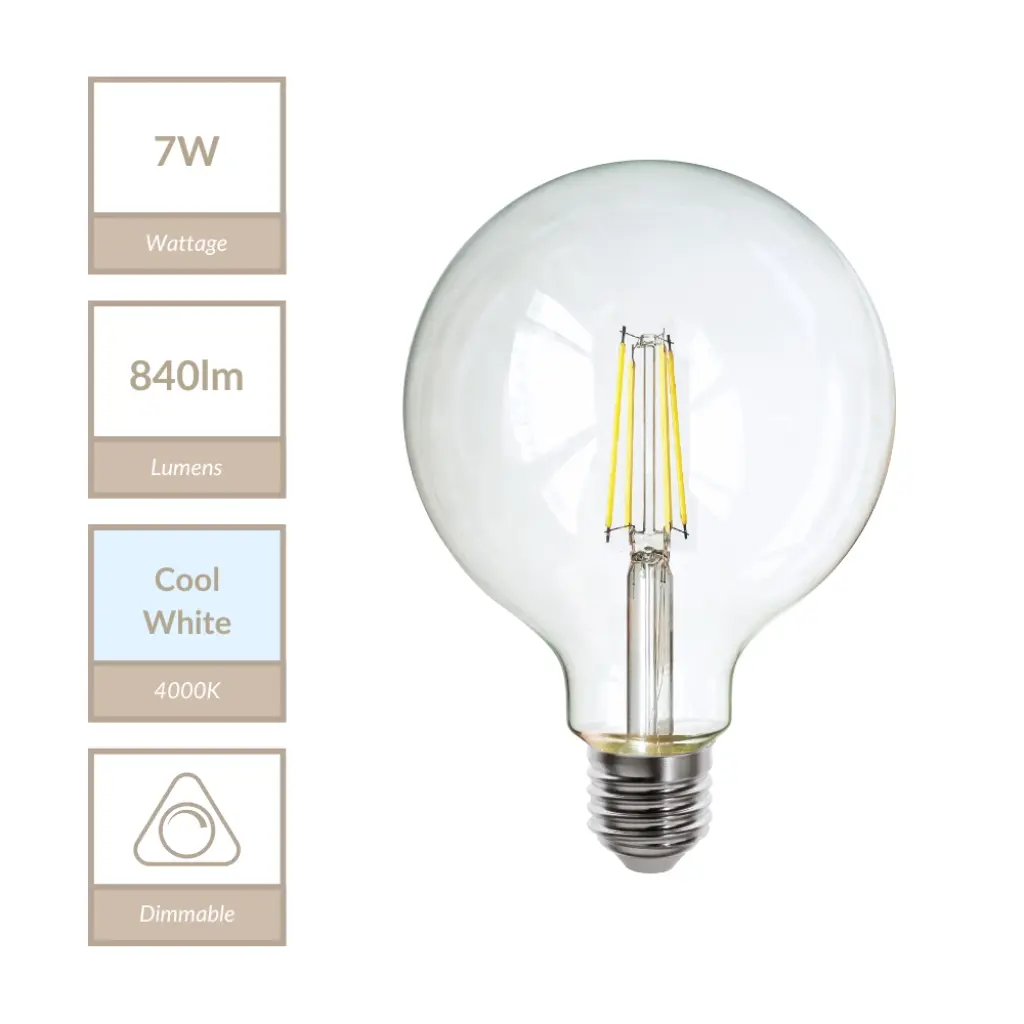 7W E27 Dimmable 125mm Clear Globe in Cool White