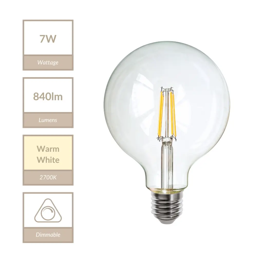 7W E27 Dimmable 125mm Clear Globe in Warm White