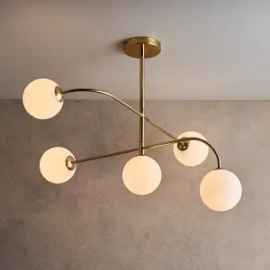 Otto 5 Light Semi Flush in Brushed Brass with Gloss White Glass