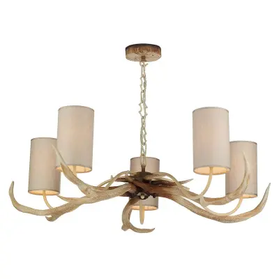 Antler 5 Light Bleached Fitting w/ Cream Fabric Shades