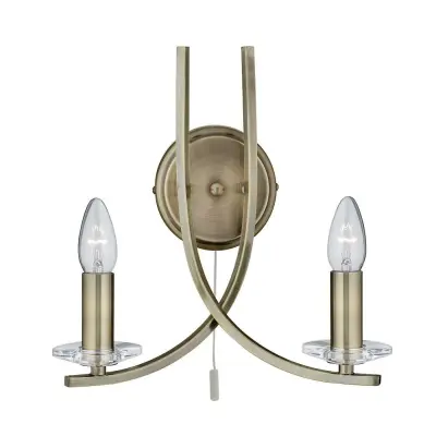 Ascona Antique Brass 2 Light Wall Bracket with Clear Glass Sconces