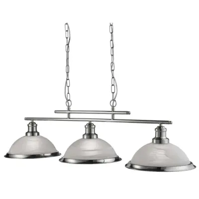 Bistro 3 Light Industrial Ceiling Bar, Satin Silver, Marble Glass Shade, Satin Silver Trim