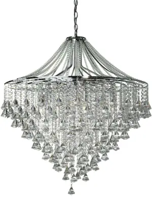 Dorchester - 7  Light Ceiling, Chrome With Clear Crystal Buttons & Pyramid Drops