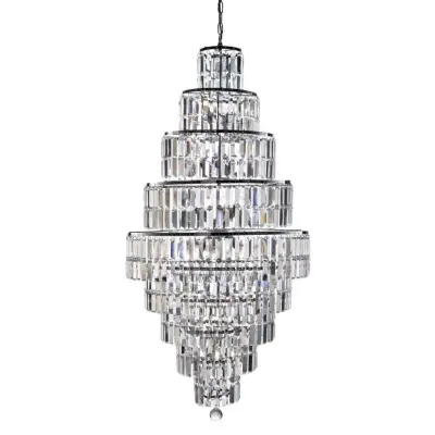 Empire - 13 Light Tiered Chandelier, Chrome With Clear Crystal Coffin Drops Bevelled Trim