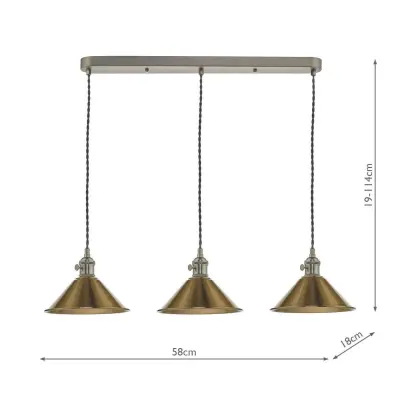 Hadano 3 Light Suspension in Antique Chrome With Brass Shades