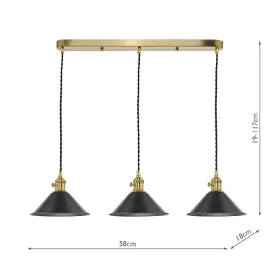 Hadano 3 Light Suspension in Natural Brass With Antique Pewter Shades