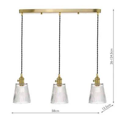 Hadano 3 Light Suspension in Natural Brass With Ribbed Glass Shades