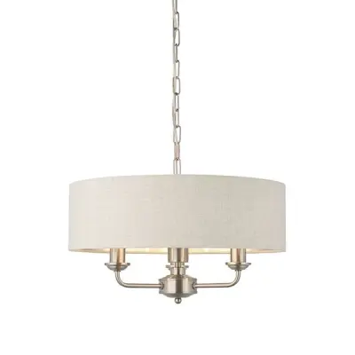Highclere 3 Light Pendant in Brushed Chrome C/W Natural Shade