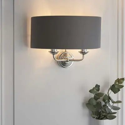 Highclere Double Wall Light in Bright Nickel C/W Charcoal Shade