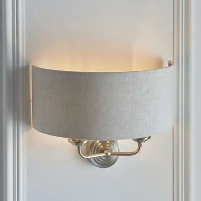 Highclere Double Wall Light in Brushed Chrome C/W Natural Shade