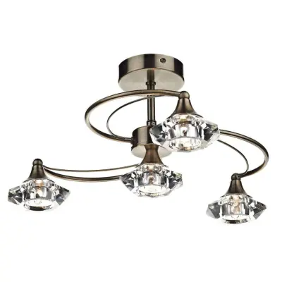 Luther 4 Light Antique Brass Semi Flush Complete with Crystal Glass