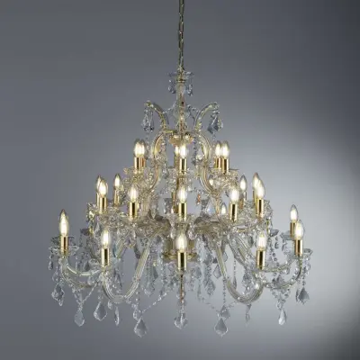Marie Therese Brass 30 Light Chandelier with Crystal Drops