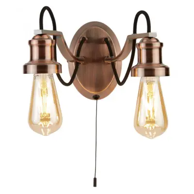 Olivia 2 Light Ceiling, Black Braided Fabric Cable, Antique Copper