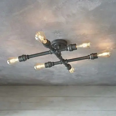 Pipe 6 Light Industrial Semi-Flush Fitting in Pewter Finish