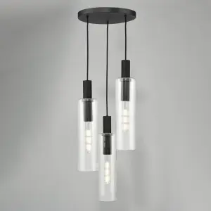 Ruben 3 Light Cluster in Satin Black & Ribbed Glass Pendant