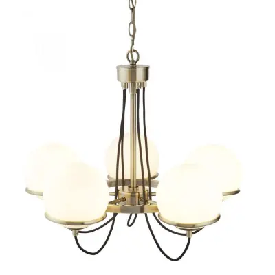 Searchlight 7095-5AB Sphere 5 Light Ceiling Antique Brass With Opal Shades