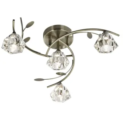 Sierra 4 Light Semi-Flush Ceiling, Antique Brass With Sculptured Clear Glass Shades