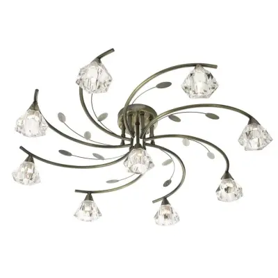 Sierra 9  Light Semi-Flush Ceiling, Antique Brass With Sculptured Clear Glass Shades