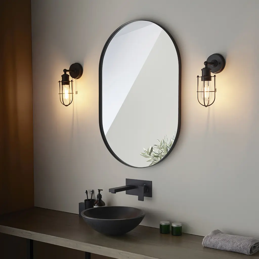 Industrial Style Wall Light Caged in Black
